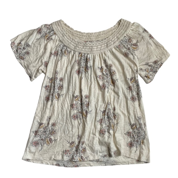 Lucky Brand Ditsy Floral Top M Crochet Neck EUC M Cream Neutral Boho Bohemian - Picture 10 of 16